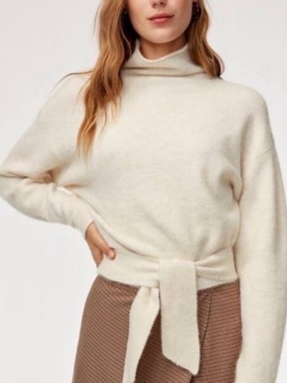 Aritzia Cream Alpaca Tie-Front Turtleneck Sweater